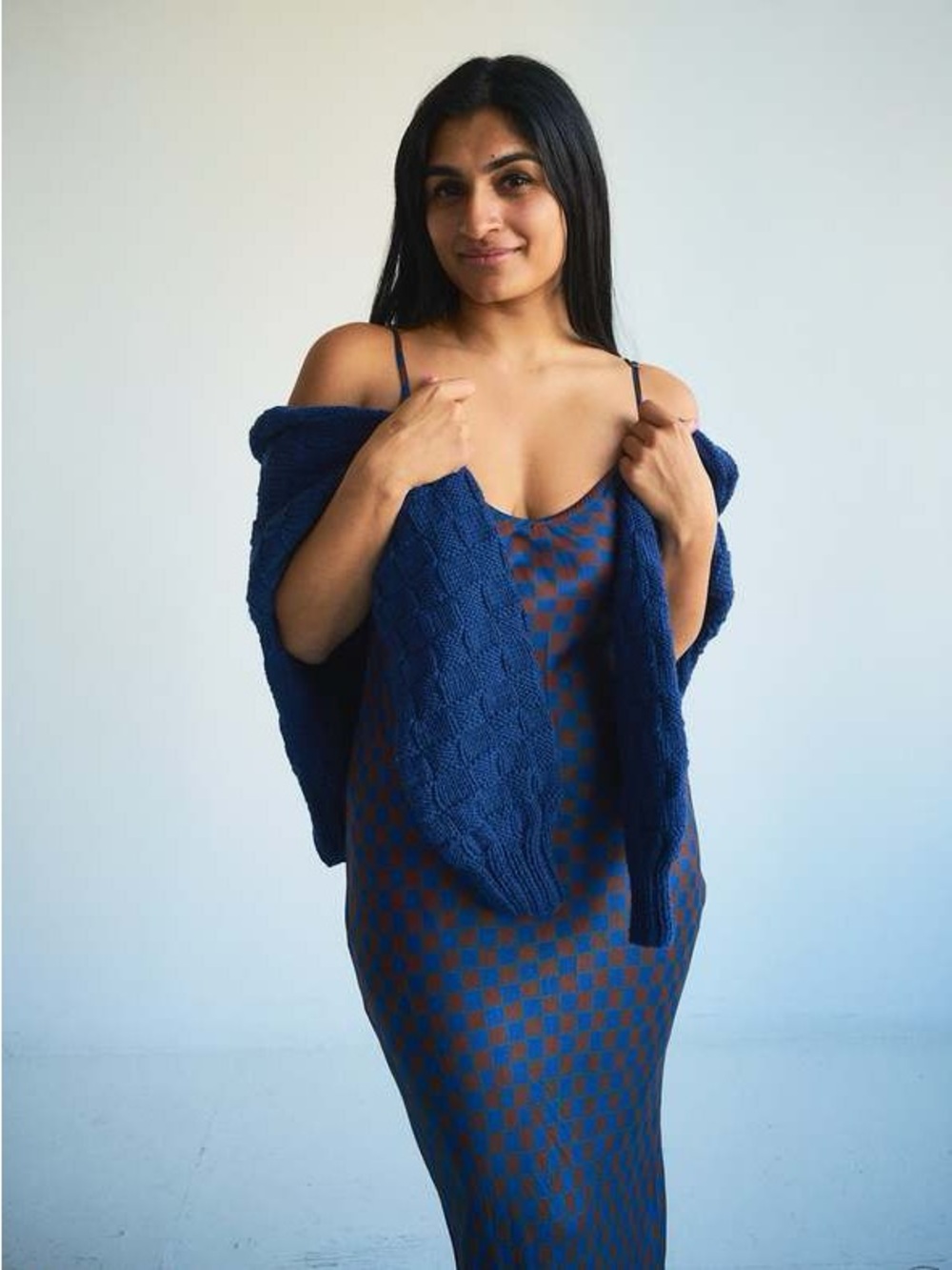 Rujuta Sheth blue checkered midi dress M